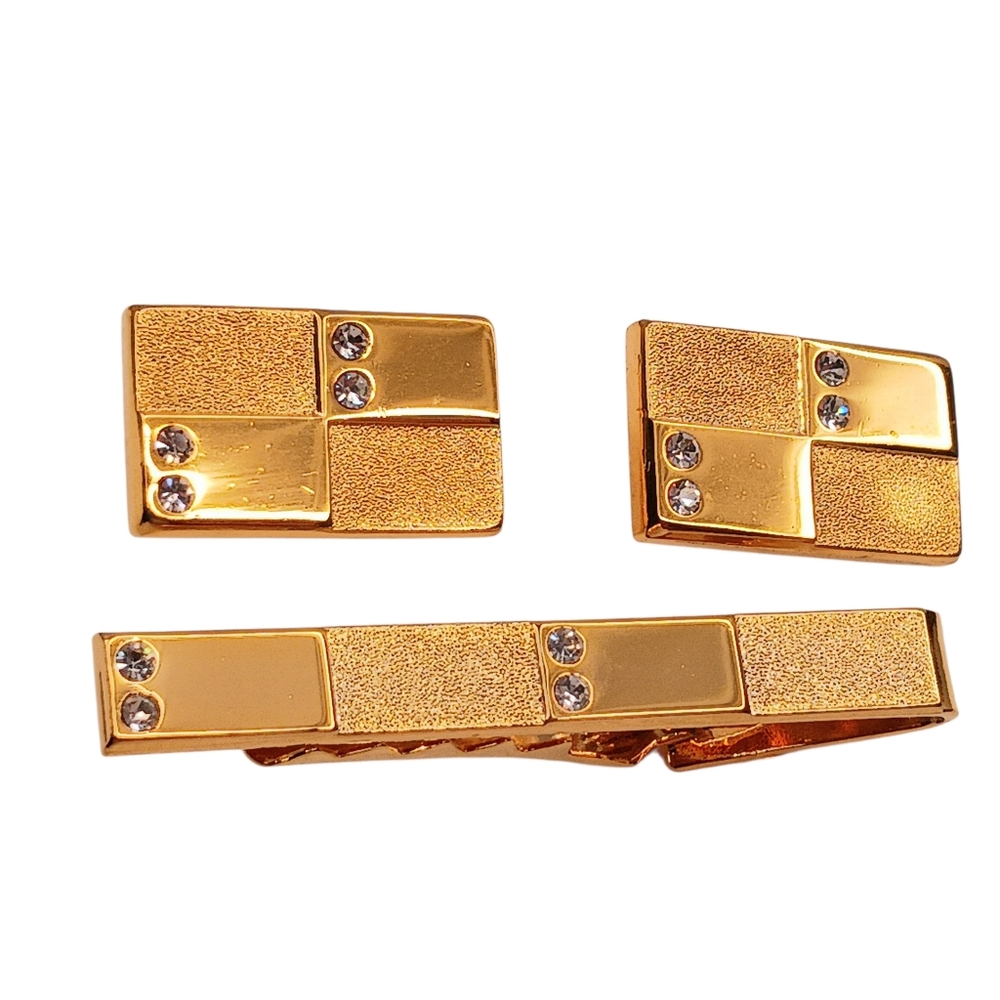 Tie Clip Bar, Cufflinks, Textured Gold Crystals Vintage Space Age Classic
